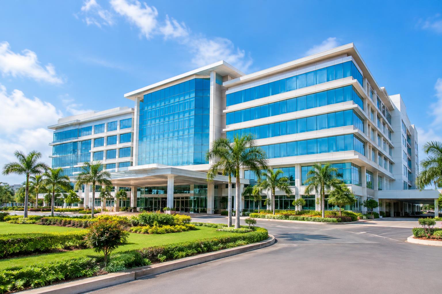Modern hospital campus in India, illustrative photograph